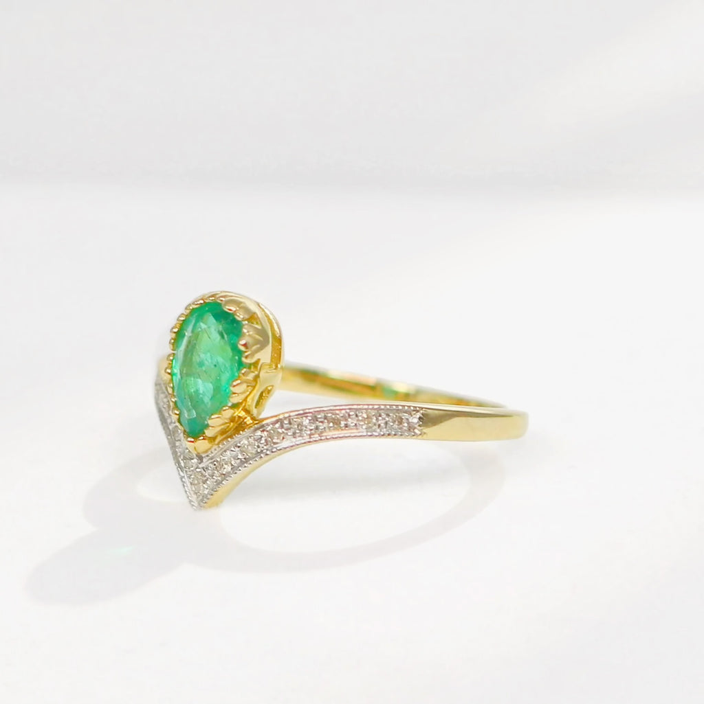 'The Ariel' Emerald and Diamond 9ct Yellow Gold Wishbone Ring | Size N ½