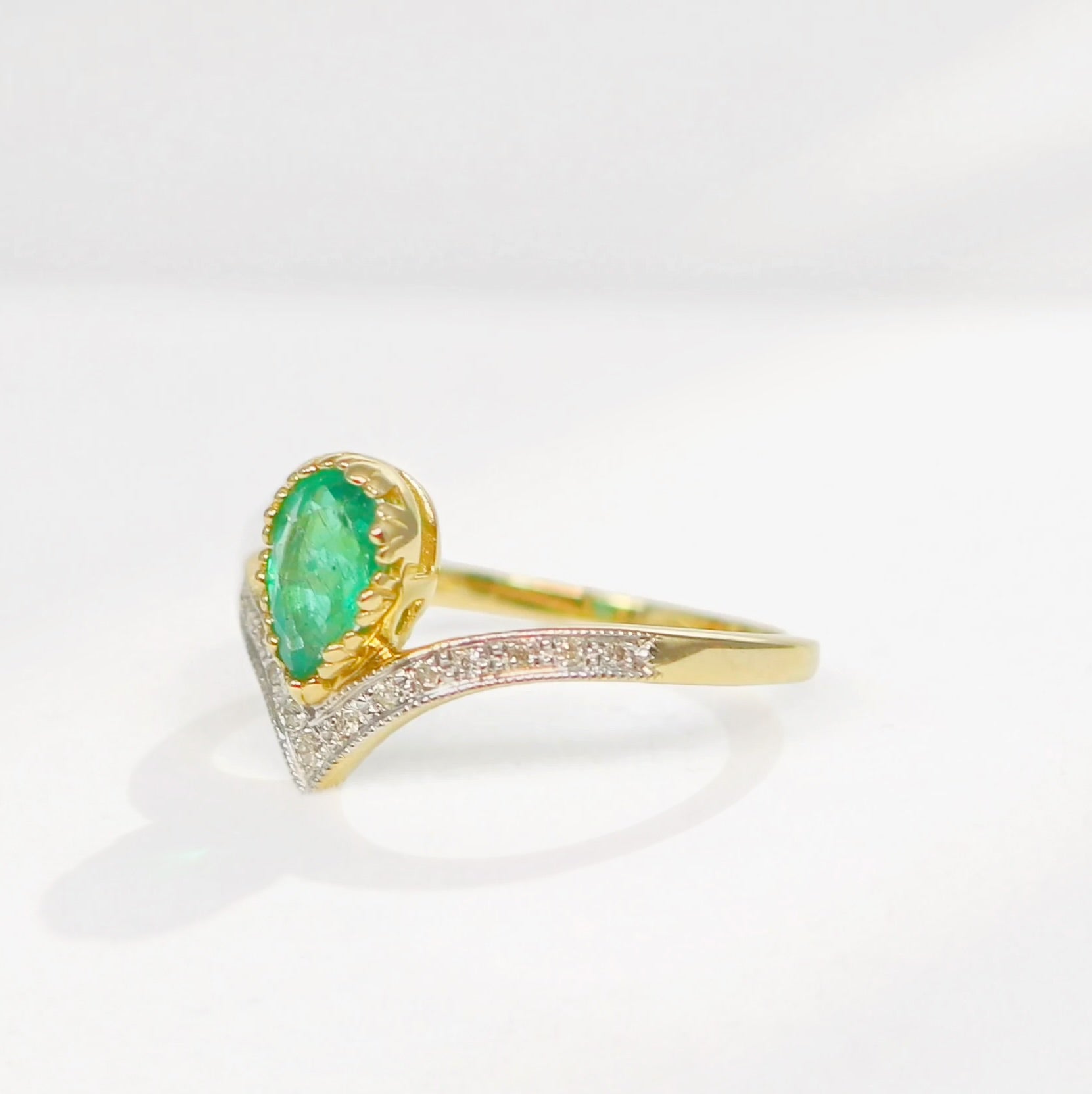 'The Ariel' Emerald and Diamond 9ct Yellow Gold Wishbone Ring | Size N ½