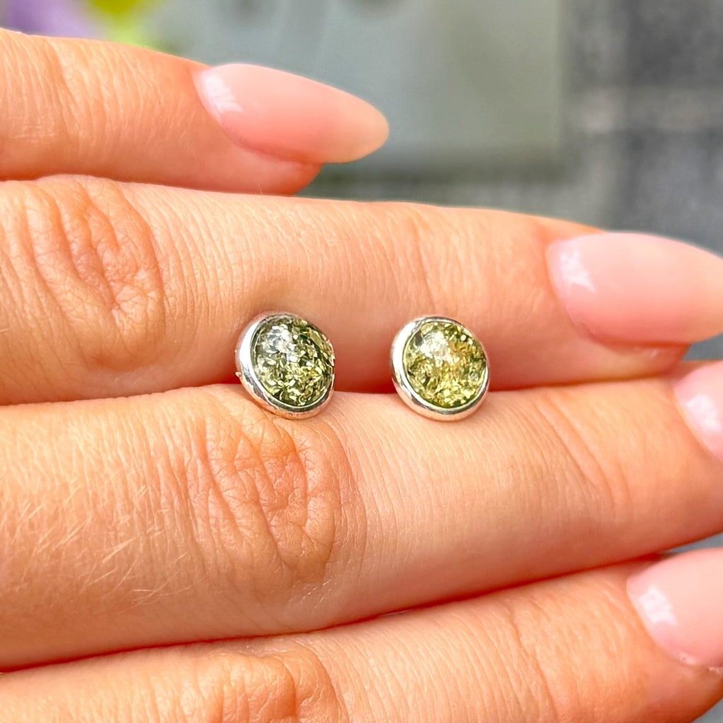 Green Amber Sterling Silver Round Stud Earrings