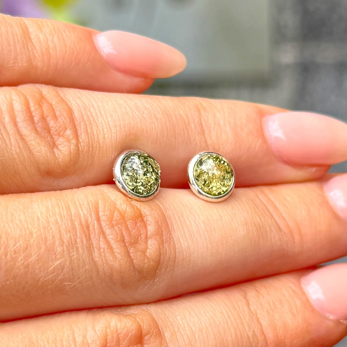 Green Amber Sterling Silver Round Stud Earrings