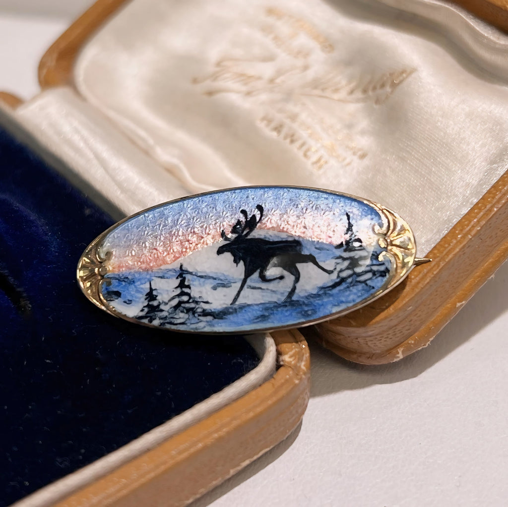 Vintage Gold on Silver Scandinavian Winter Scene Enamel Brooch