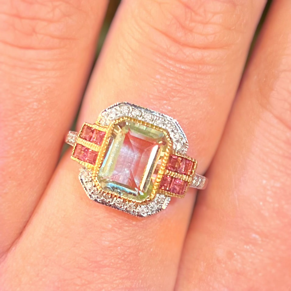 Art Deco Inspired 9ct Yellow Gold Green Amethyst and Pink Tourmaline Ring - Size O ½