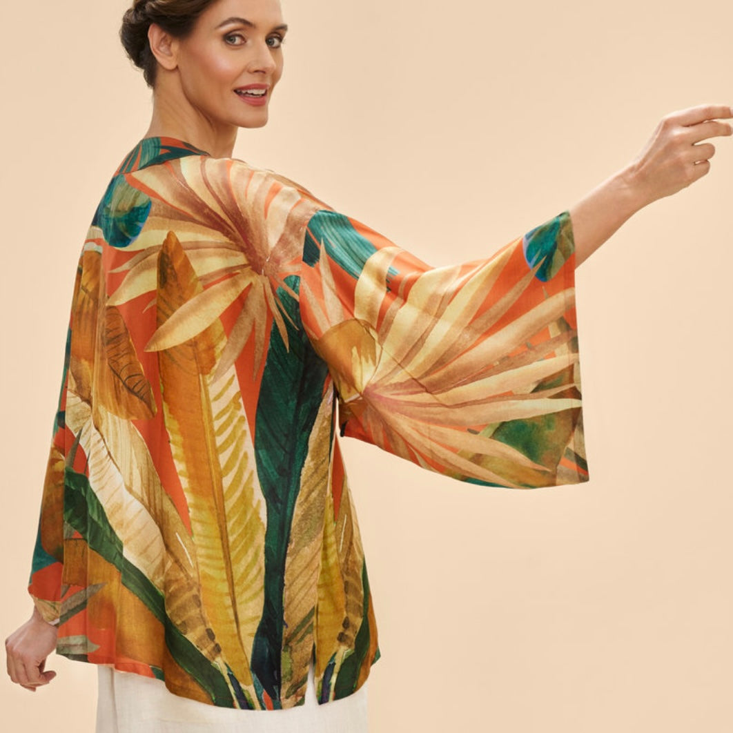 Powder Accessories Orange and Green Leaf Print Painted Palms Short Kimono Jacket