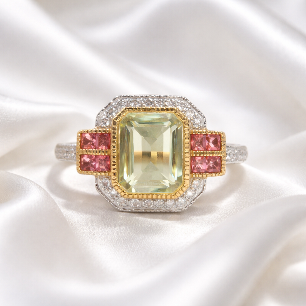 RESERVED | Art Deco Inspired Green Amethyst and Pink Tourmaline 9ct Yellow Gold Ring | Size O ½