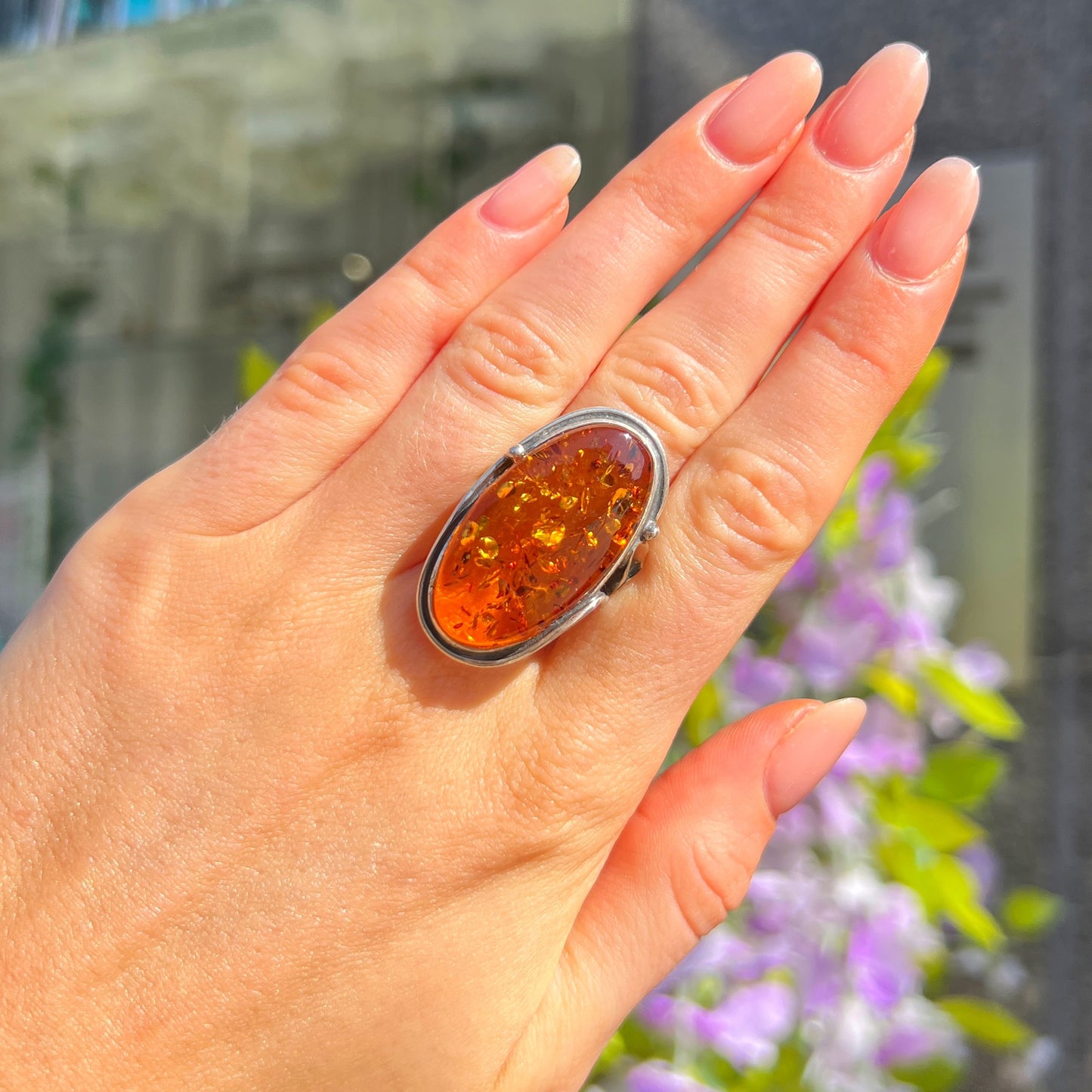 Super Chunky Sterling Silver Orange Amber Ring - Size V
