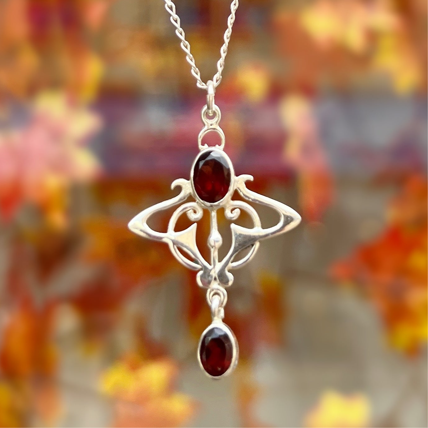 Sterling Silver Garnet Art Nouveau Inspired Necklace