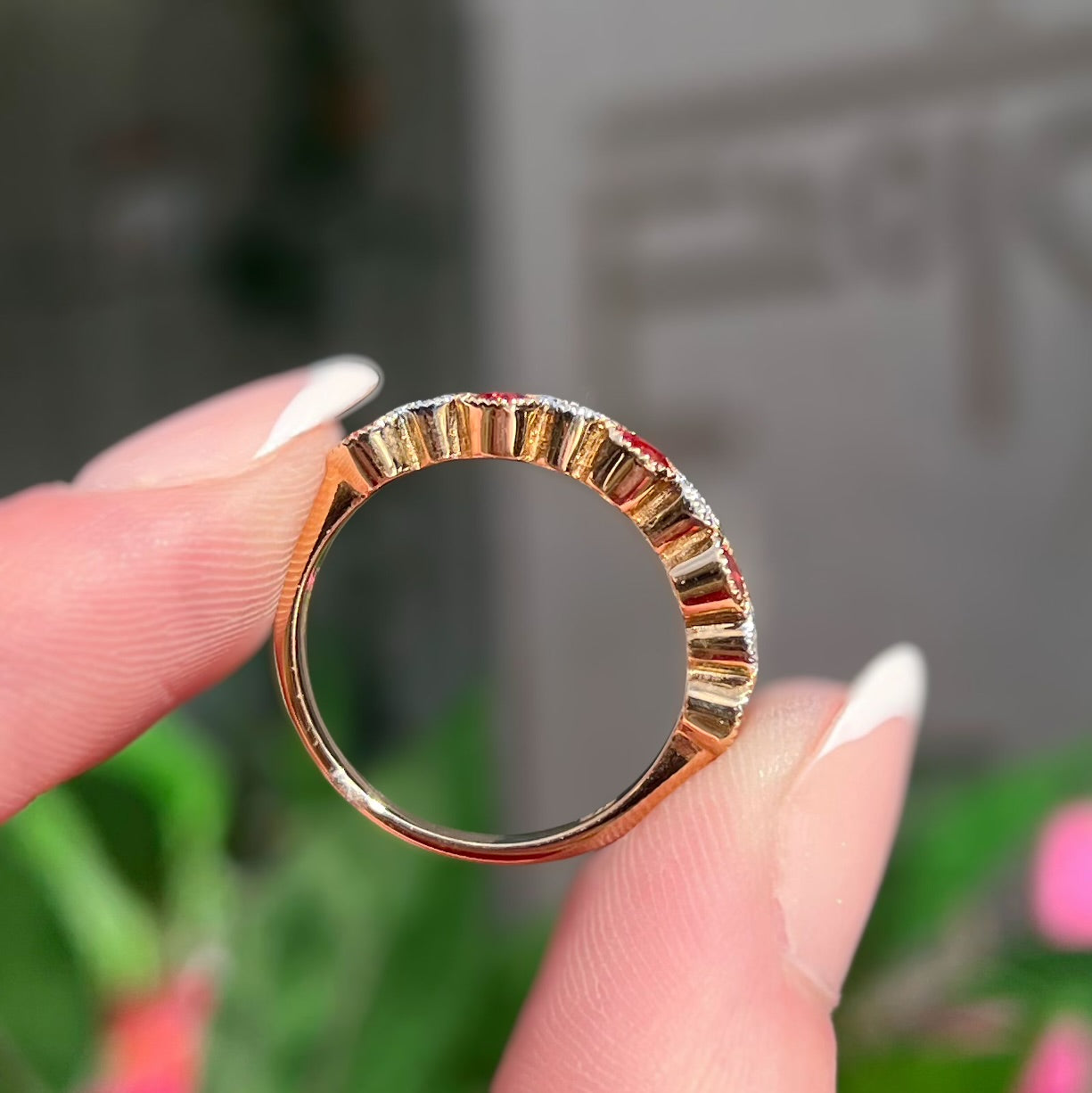 Rare Orange Sapphire and Diamond 9ct Yellow Gold Half Eternity Ring | Size O