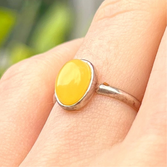 Sterling Silver Yellow Butterscotch Amber Ring - Size I