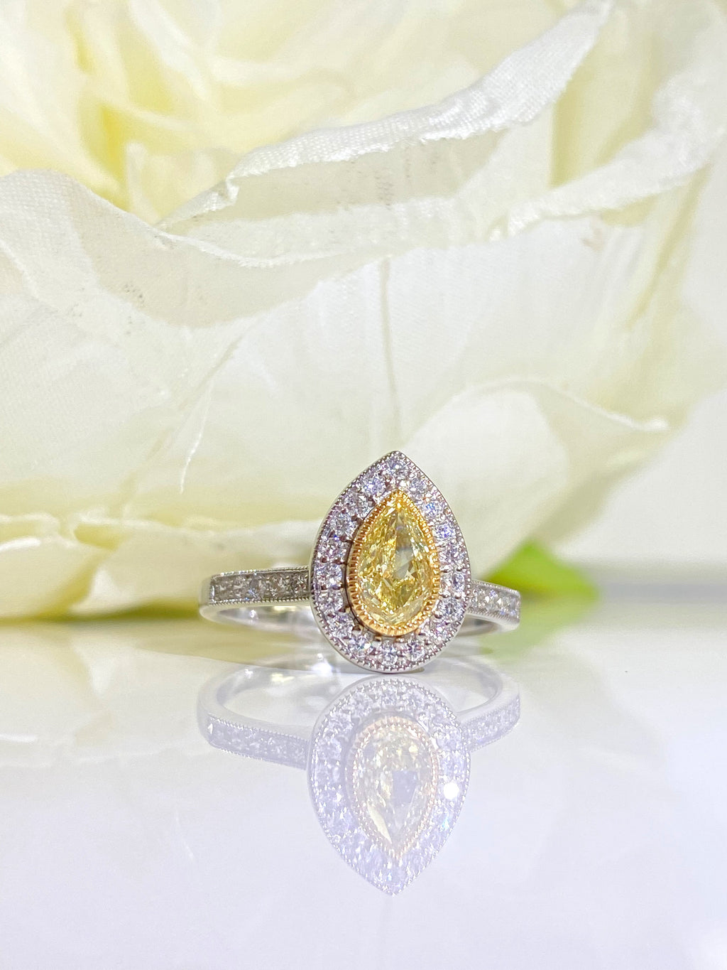 Rare Canary Lemon Yellow Diamond Pear Halo Platinum Ring | Size M