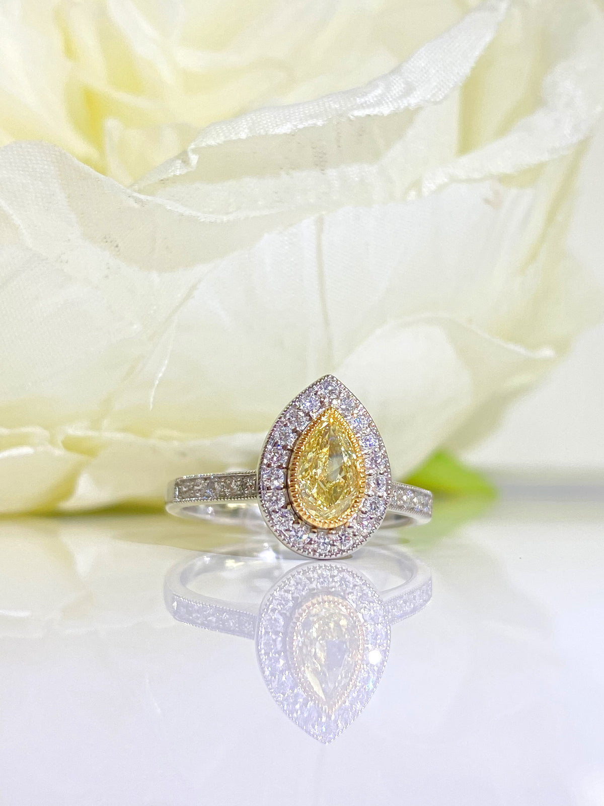 Rare Canary Lemon Yellow Diamond Pear Halo Platinum Ring | Size M