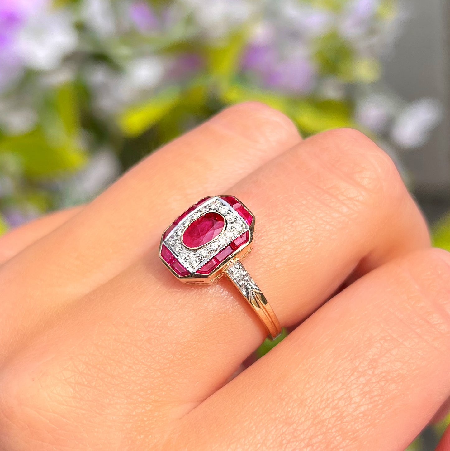 Art Deco Inspired 9ct Yellow Gold Red Ruby and Diamond Ring - Size O