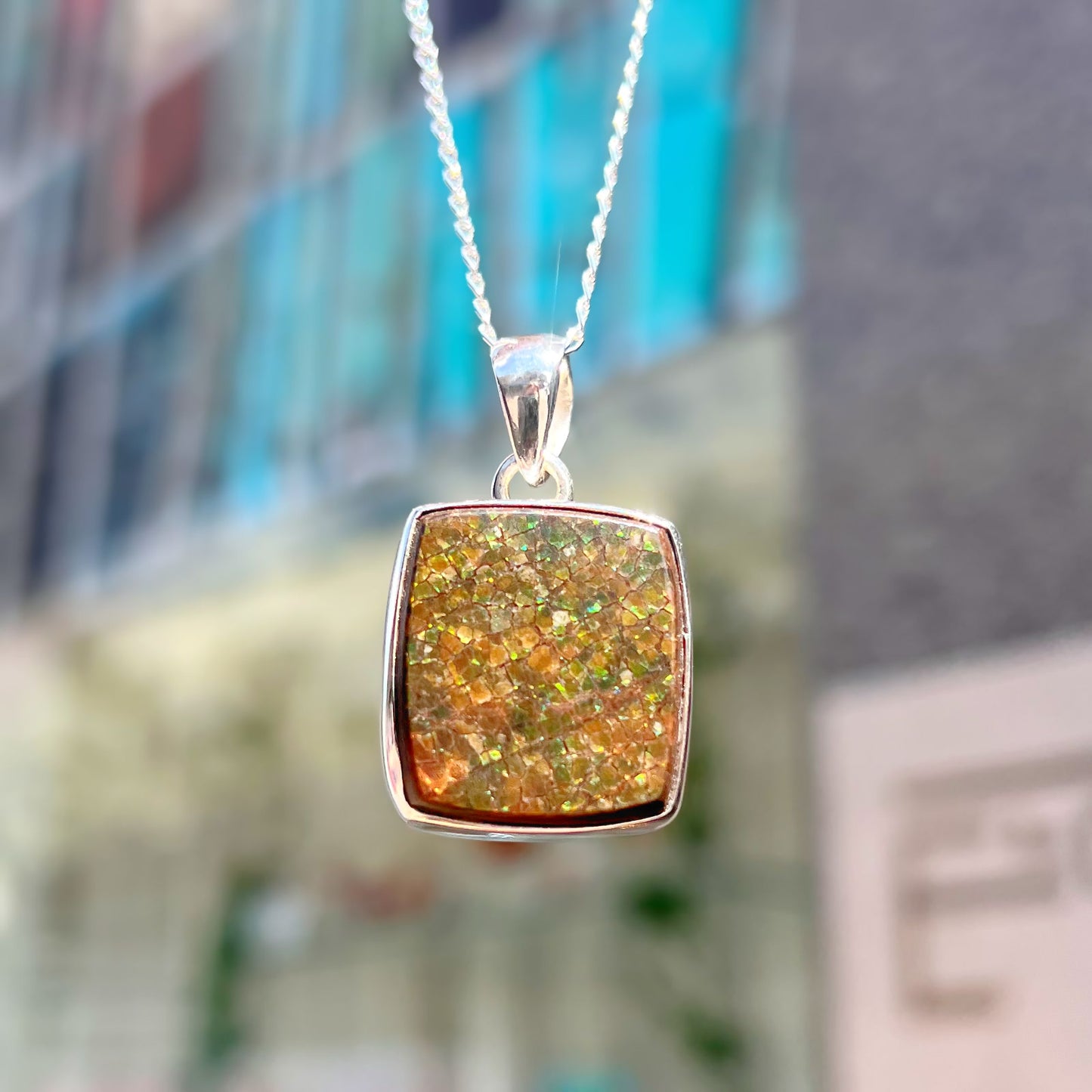 RARE Sterling Silver Fossilied Ammolite Square Shaped Necklace