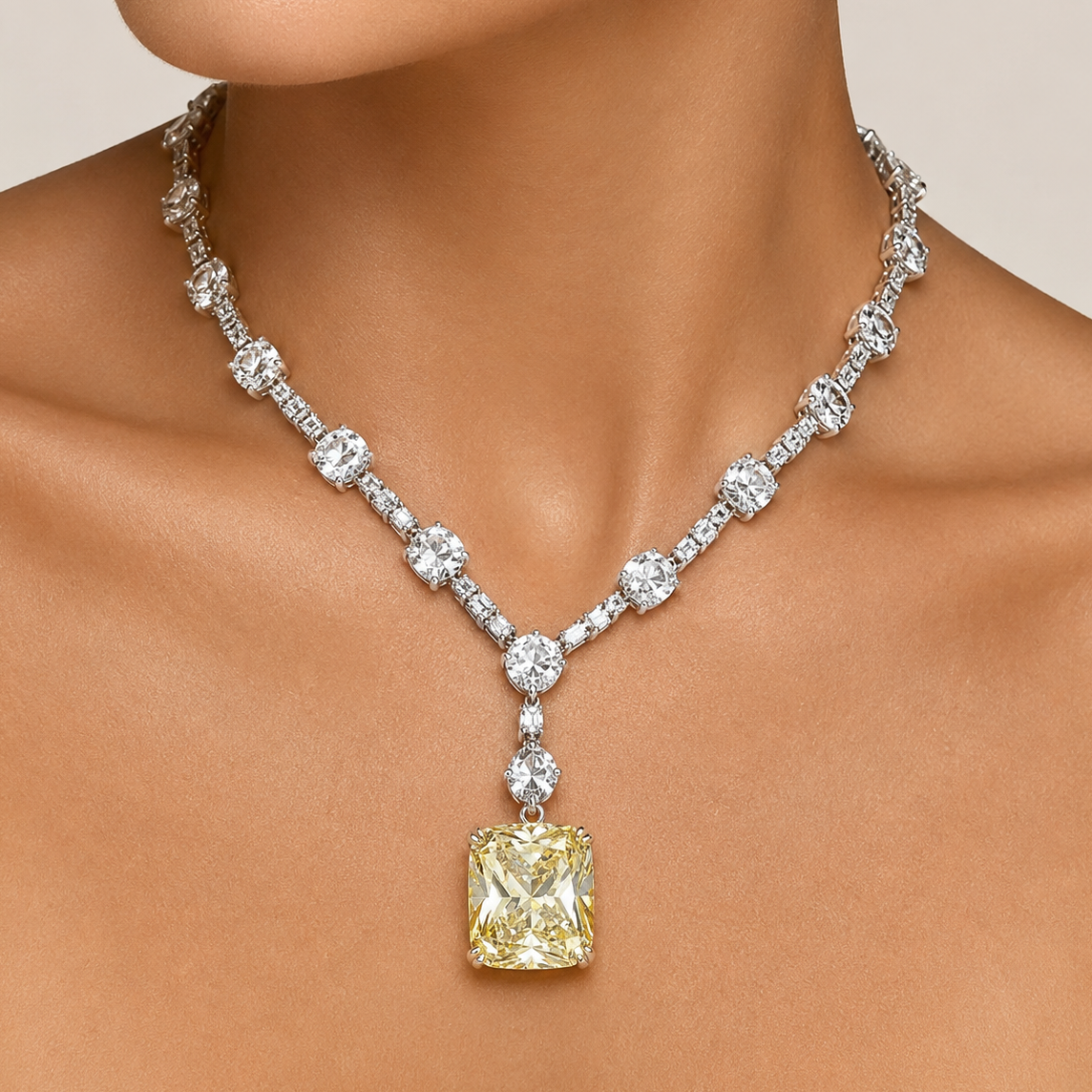 Clear and Lemon Yellow Cubic Zirconia Sterling Silver Encrusted Necklace