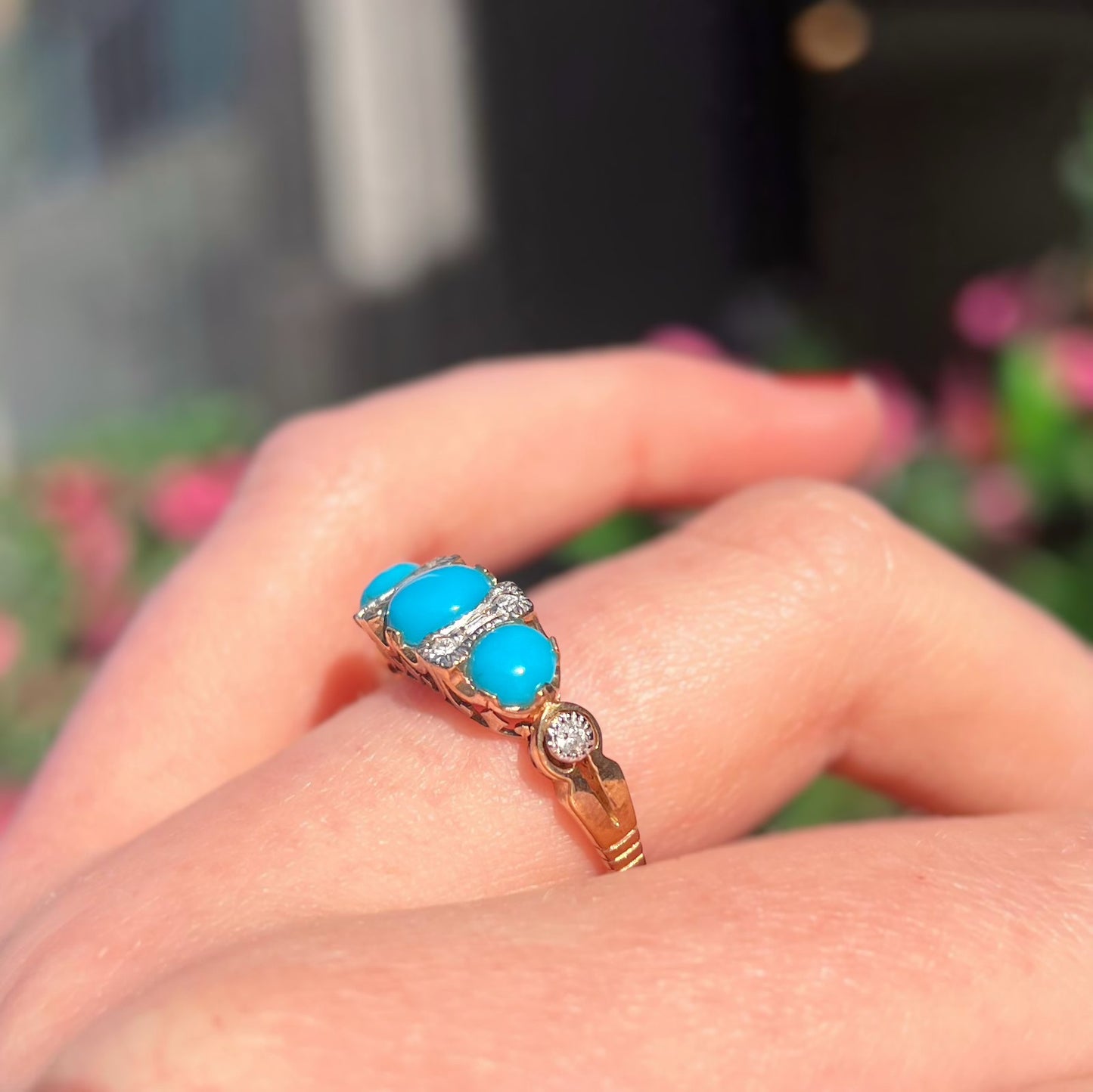 Edwardian Reproduction 9ct Yellow Gold Turquoise and Diamond Ring - Size M ½