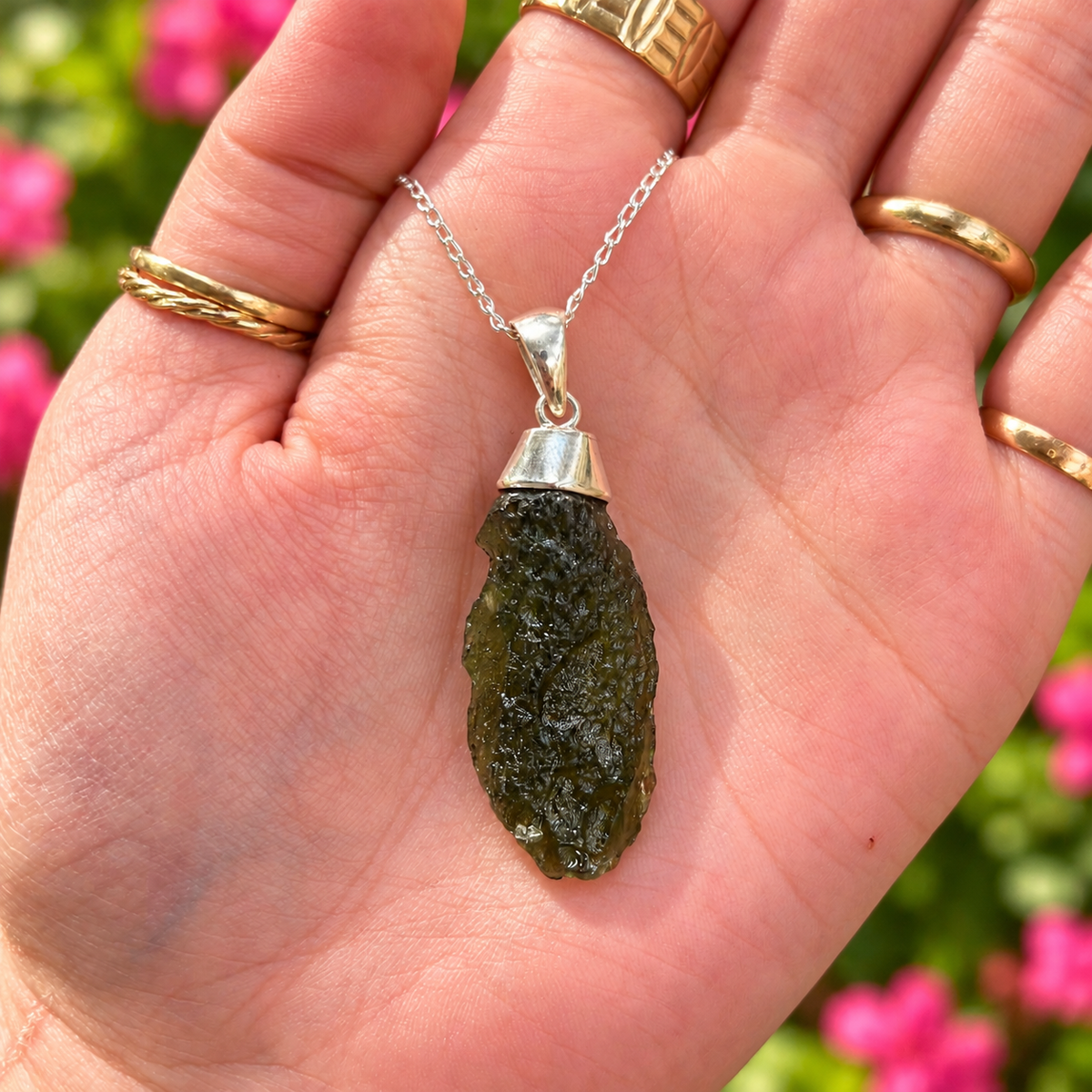 Rough Cut Green Moldavite Sterling Silver Pendant