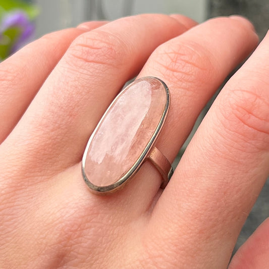 Large Sterling Silver Oval Cut Pink Pink Rose Quartz Ring - Adjustable Size