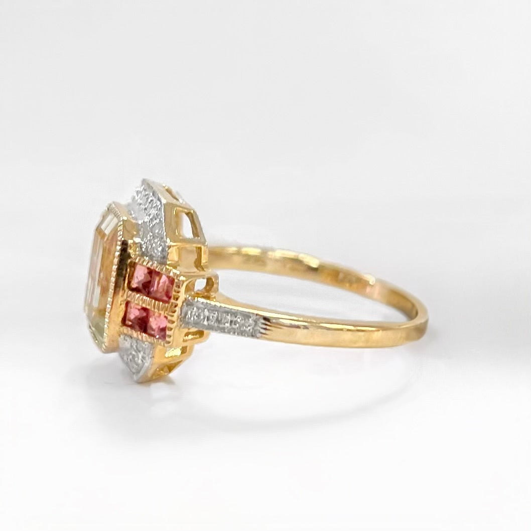 Art Deco Inspired 9ct Yellow Gold Green Amethyst and Pink Tourmaline Ring - Size O ½