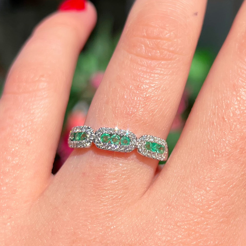 Emerald and Diamond 9ct White Gold Cluster Half Eternity Ring | Size O