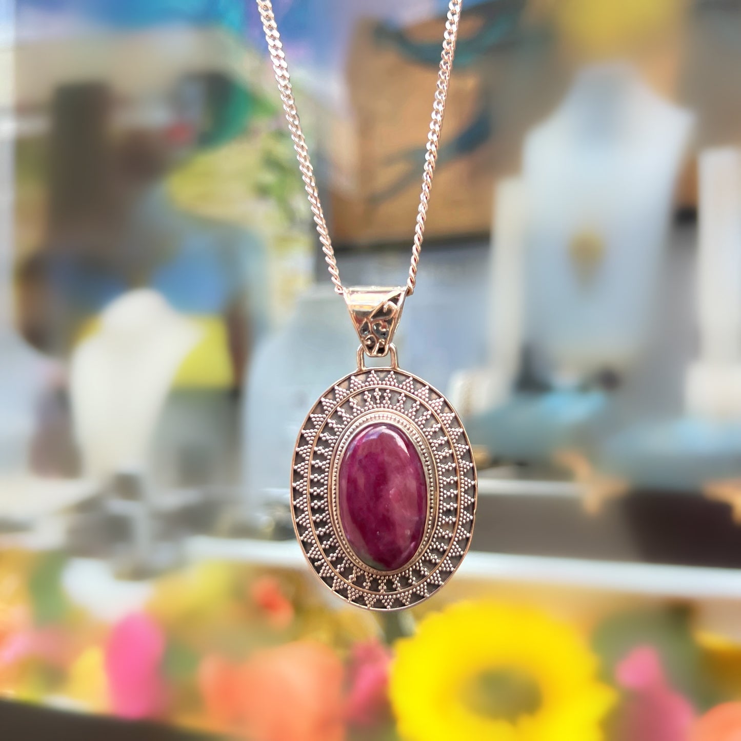 Bohemian Chunky Sterling Silver Red Ruby Pendant & Chain