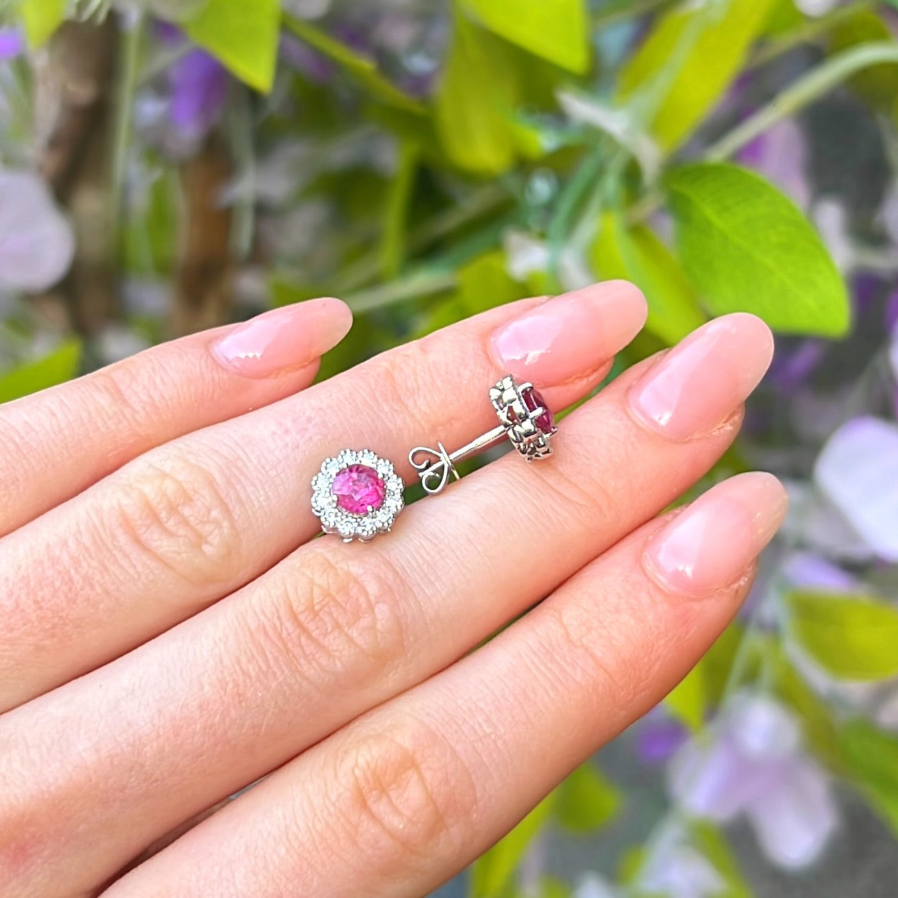 18ct White Gold Red Ruby and Diamond Halo Stud Earrings