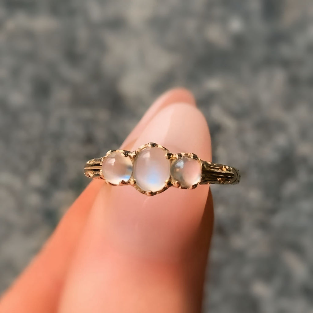 Antique Inspired Moonstone Dainty 9ct Yellow Gold Trilogy Ring | Size M