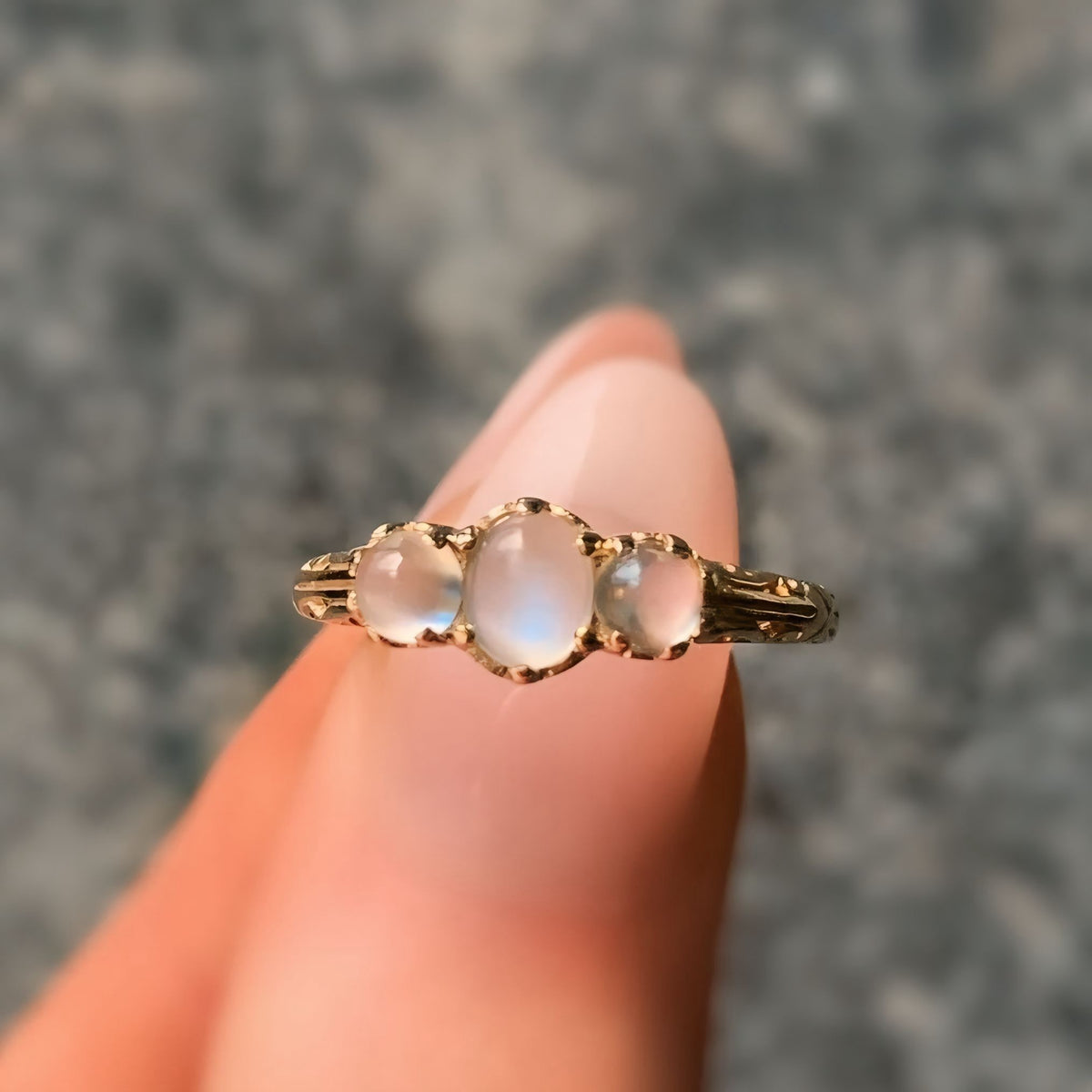 Antique Inspired Moonstone Dainty 9ct Yellow Gold Trilogy Ring | Size M