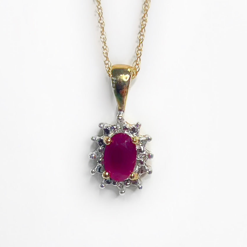 Vintage 9ct Yellow Gold, Ruby and Diamond Cluster Necklace