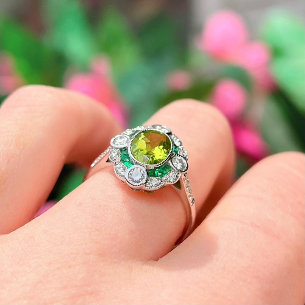Art Deco Reproduction Peridot, Emerald and Diamond 9ct White Gold Ring | Size M ½