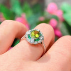 Art Deco Reproduction Peridot, Emerald and Diamond 9ct White Gold Ring | Size M ½