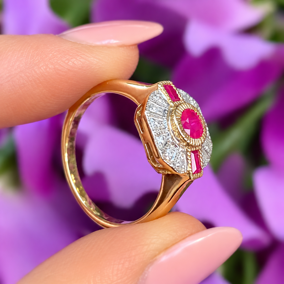 Ruby and Diamond Art Deco Reproduction 9ct Yellow Gold Ring