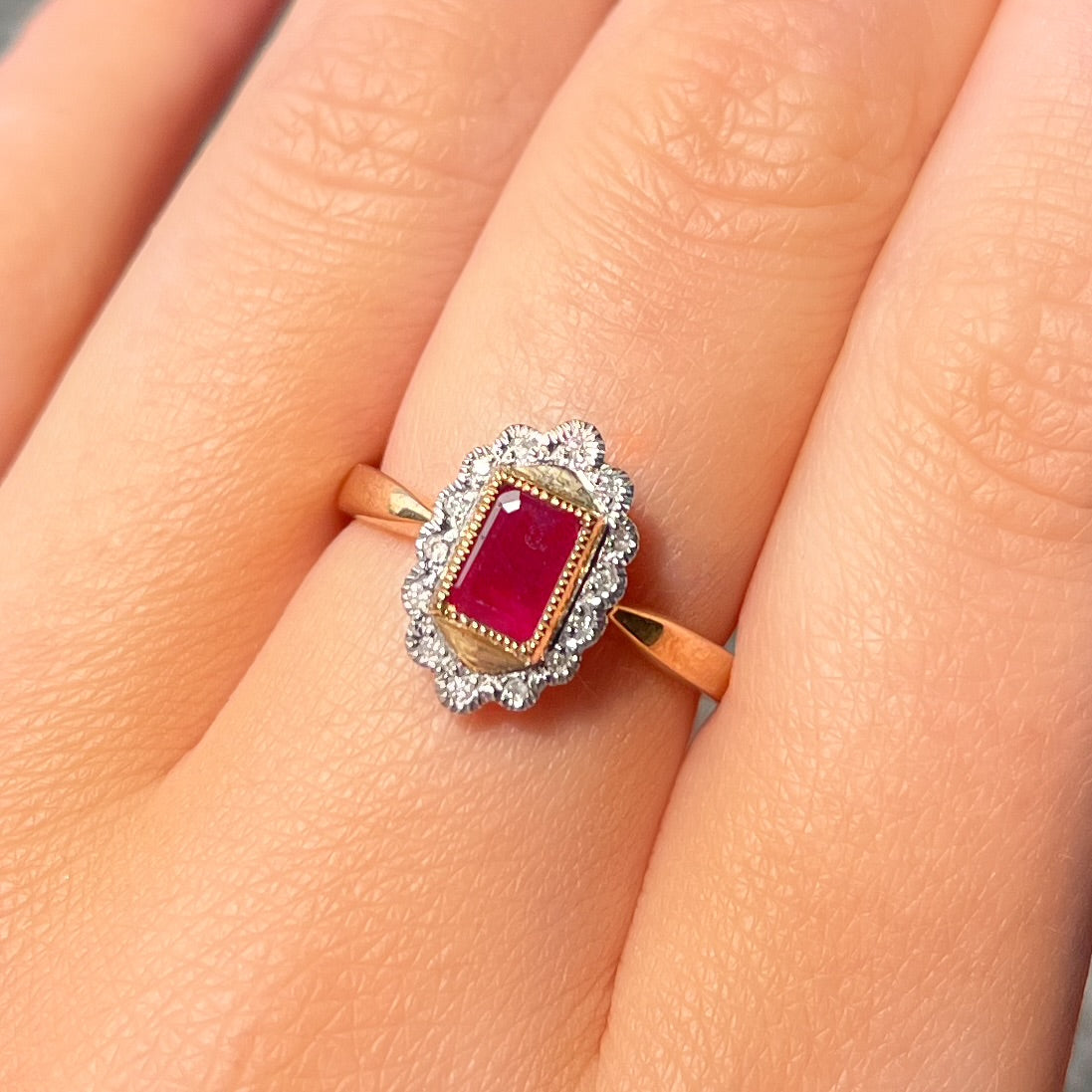 Edwardian Inspired 9ct Yellow Gold Red Ruby and Diamond Ring - Size N 1/2