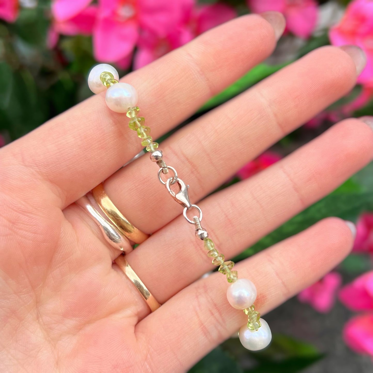 Unique Sterling Silver Peridot and Real Pearl Beaded Bracelet
