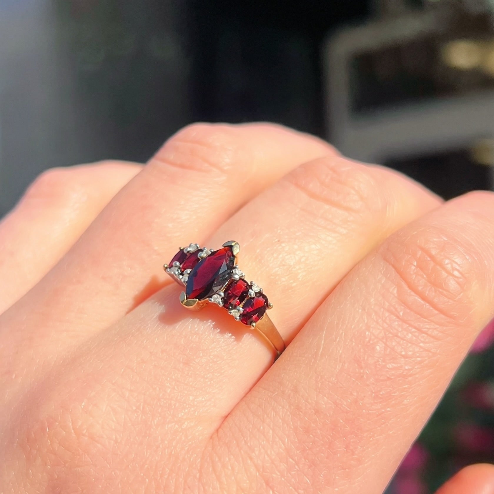 Vintage Garnet and Diamond 9ct Yellow Gold Dress Ring | Size N