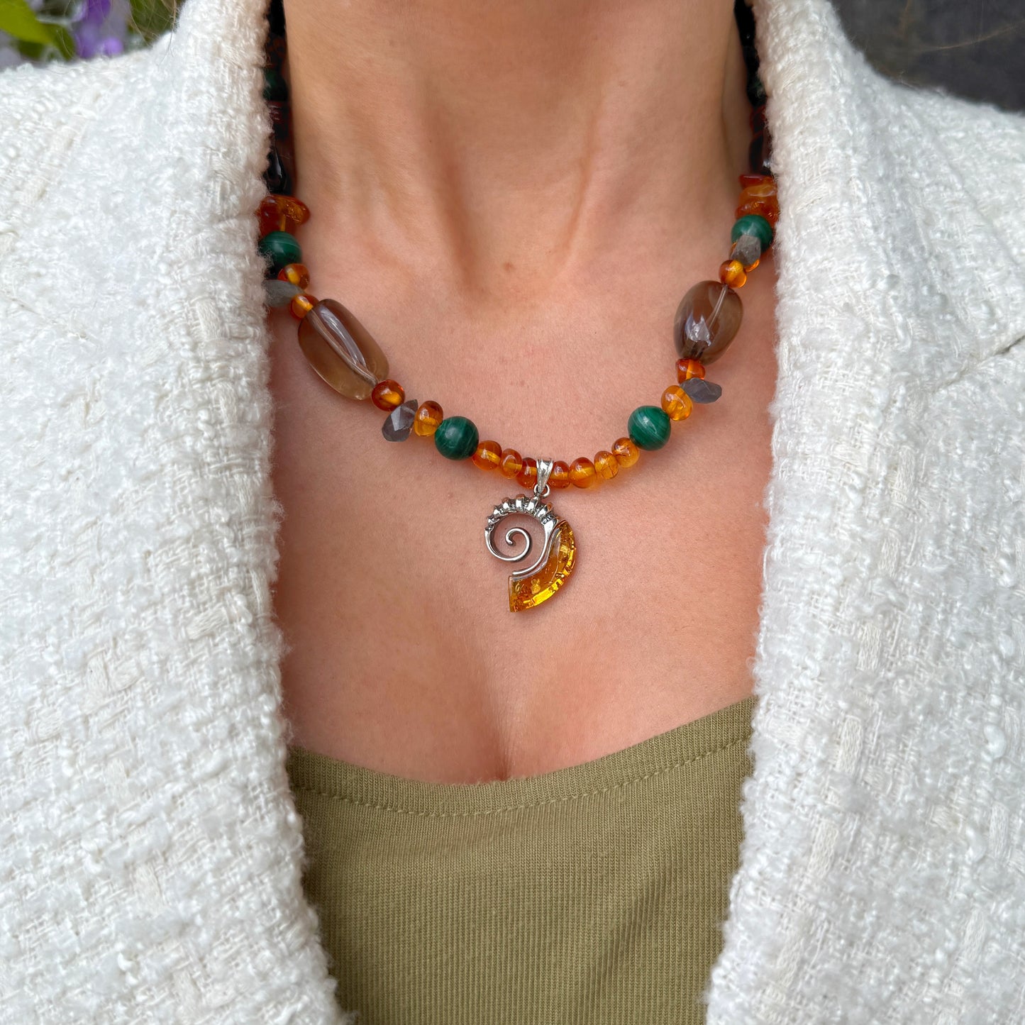 Orange Amber, Green Malachite, Dark Labradorite & Smoky Quartz Fossil Design Sterling Silver Beaded Necklace