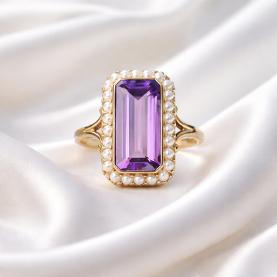 Amethyst & Pearl 9ct Yellow Gold Ring | Size N