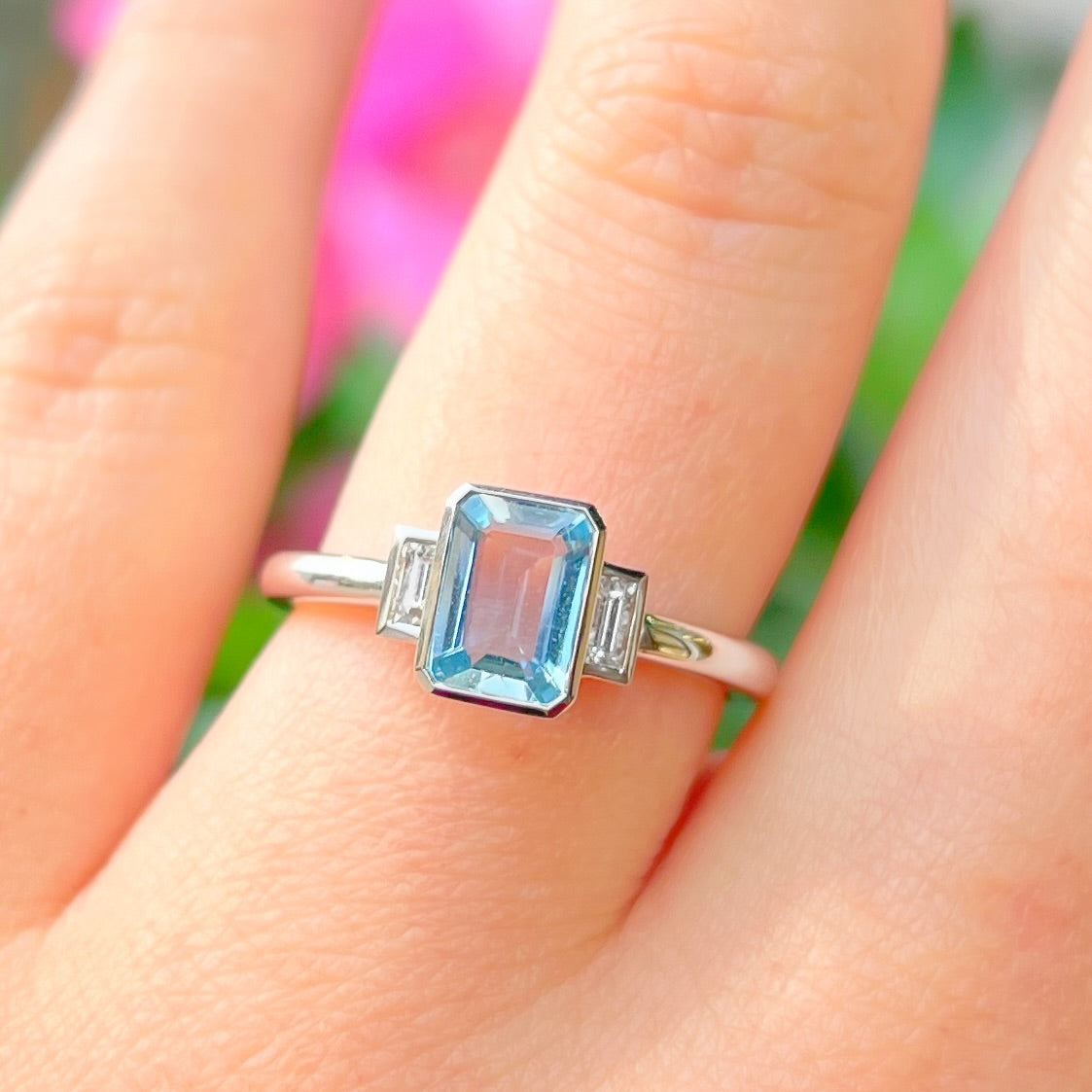 Incredible 18ct White Gold Emerald-Cut Aquamarine and Baguette-Cut Diamond Trilogy Ring - Size N