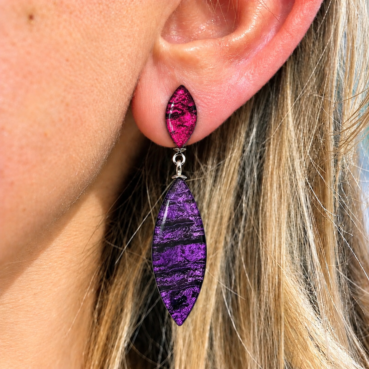 Pink & Purple Aztec Petal Double Drop Earrings | Watch This Space