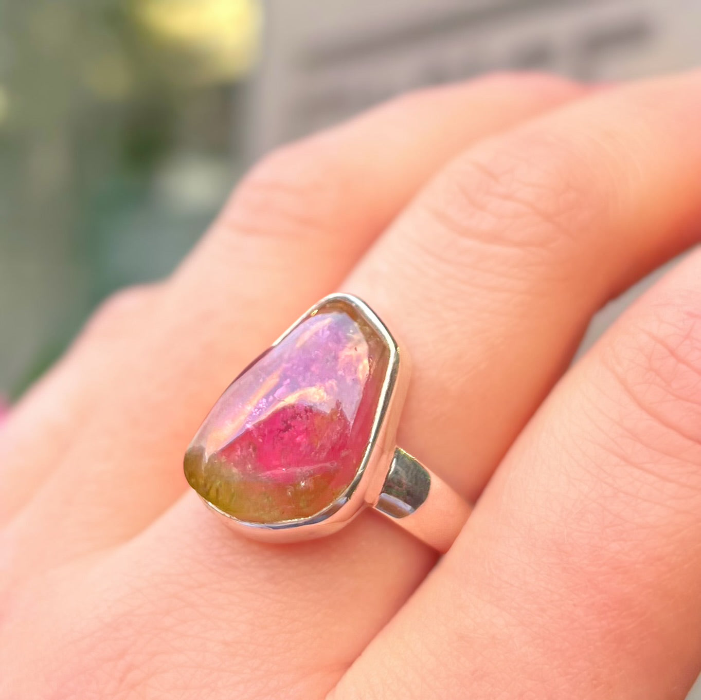 Sterling Silver Watermelon Tourmaline Ring - Size R 1/2