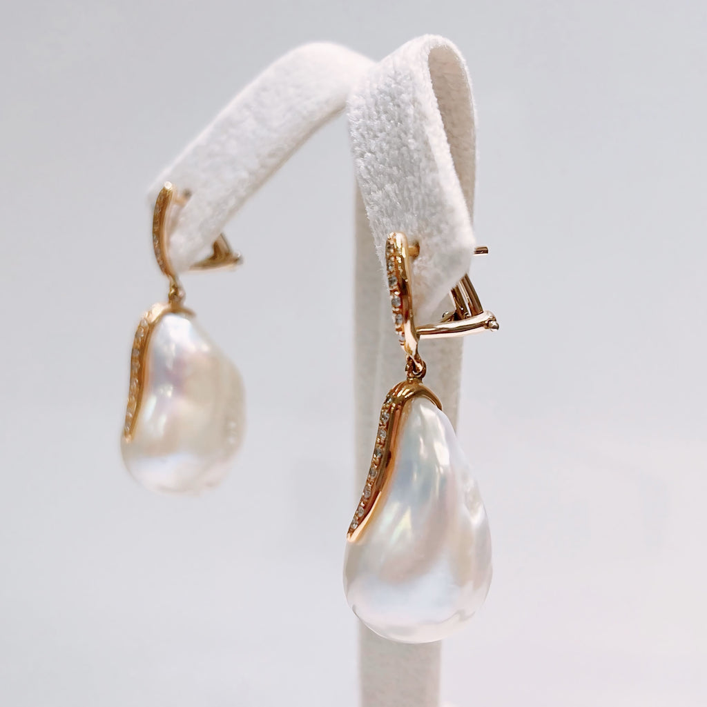 Diamond & Large Baroque Pearl 18ct Rose Gold Drop Earrings