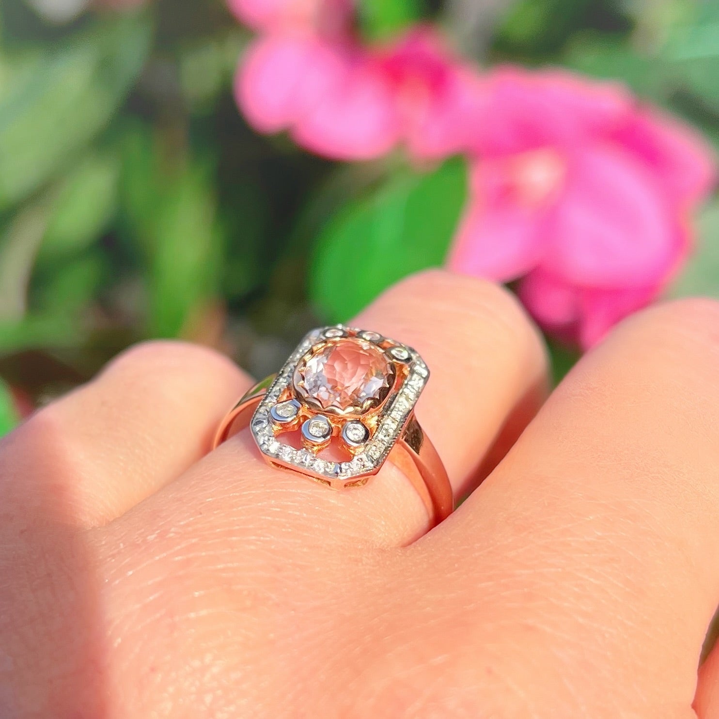 Art Deco Inspired Morganite and Diamond 9ct Rose Gold Ring | Size N ½