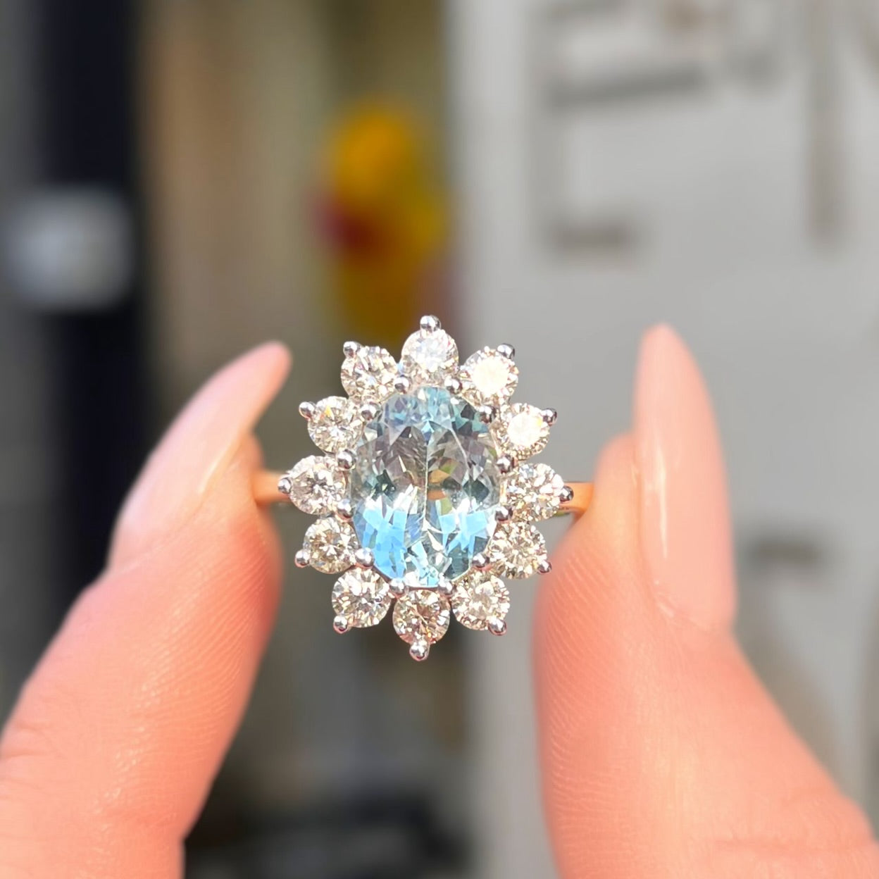 Astonishing 14k Gold Aquamarine and Diamond Classic Cluster Ring - Size N ½