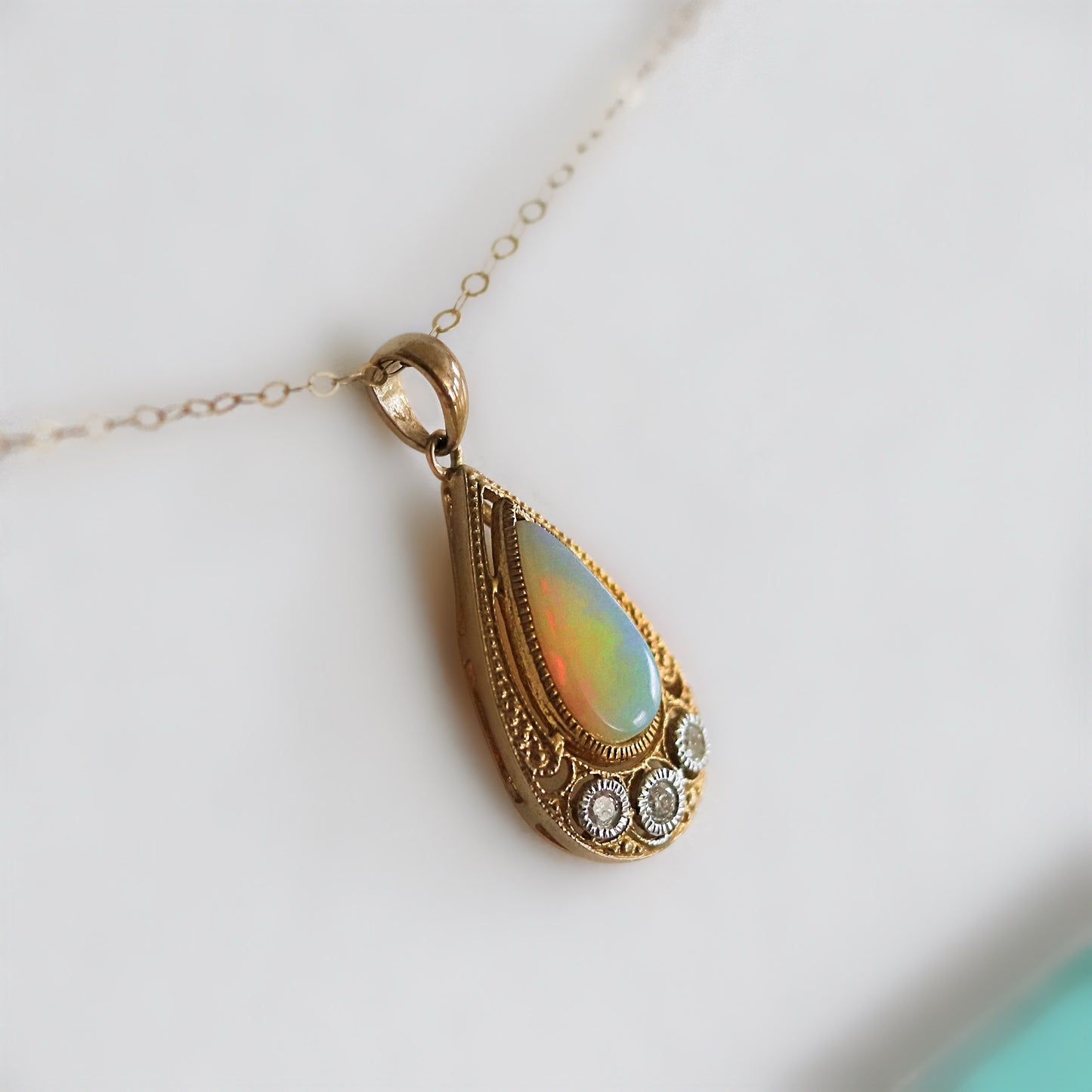 Intriguing Art Deco Inspired 9ct Yellow Gold Opal and Diamond Necklace