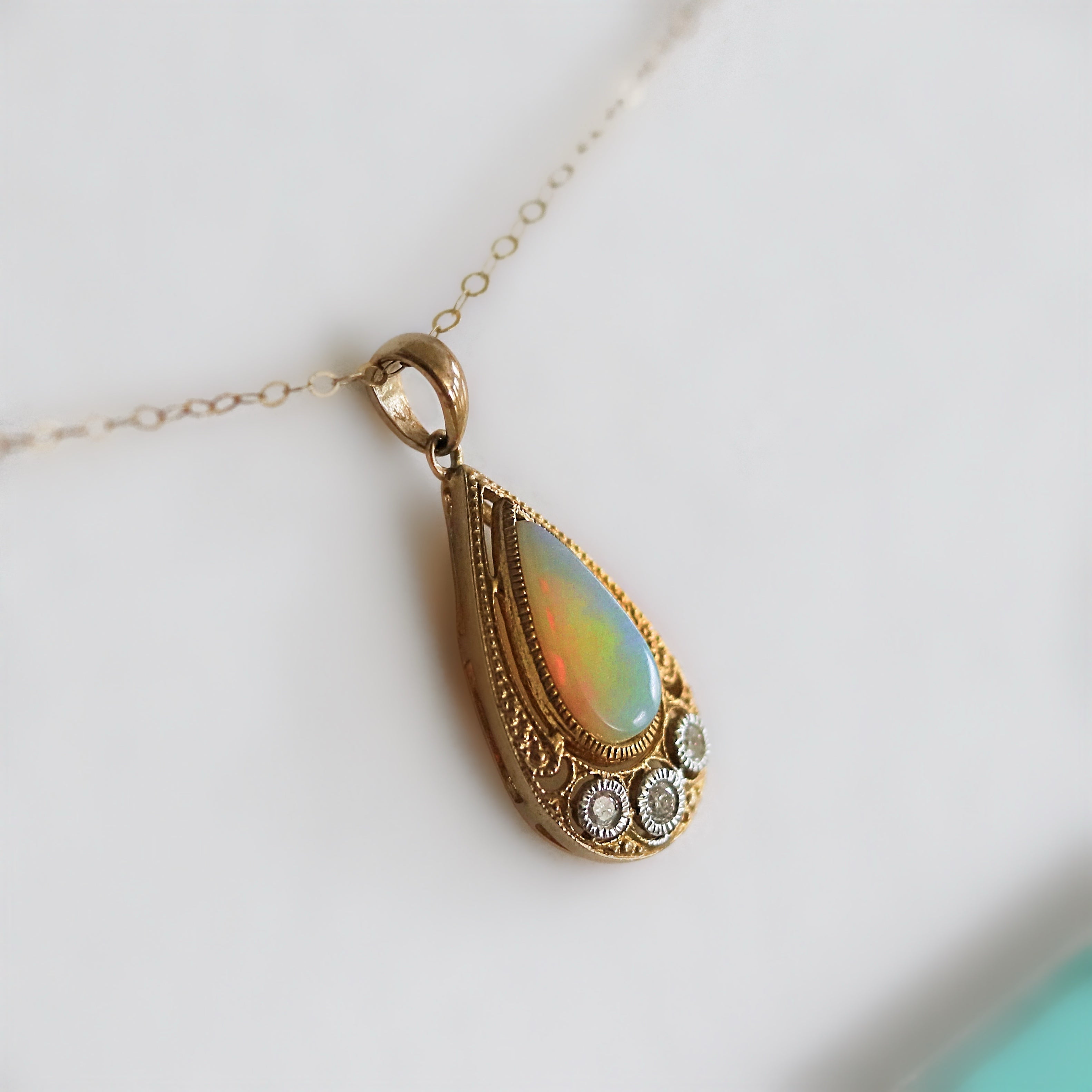 Art Deco Inspired Opal and Diamond 9ct Yellow Gold Necklace