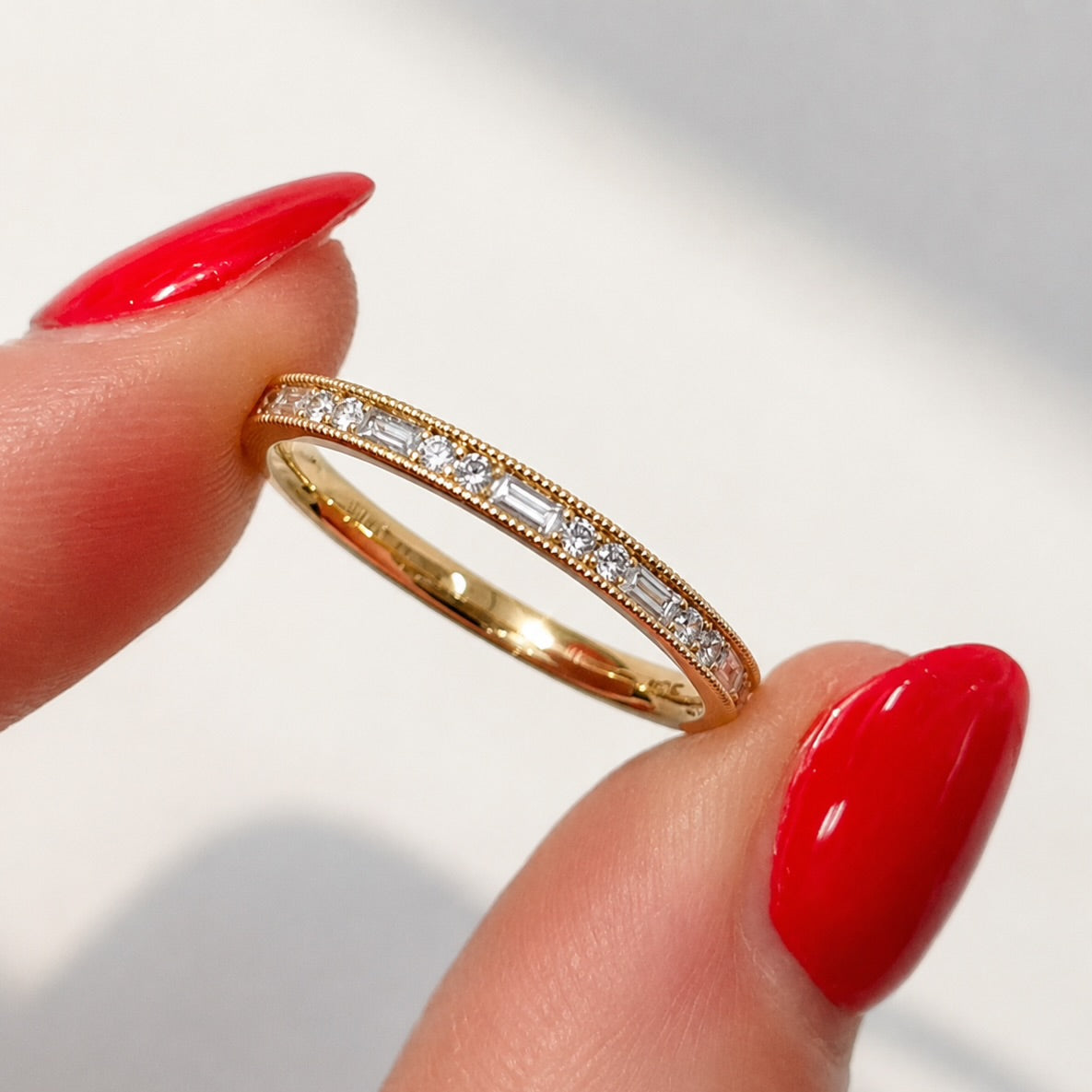 Brilliant and Baguette Cut Diamond 18ct Yellow Gold Half Eternity Ring | Size M ½