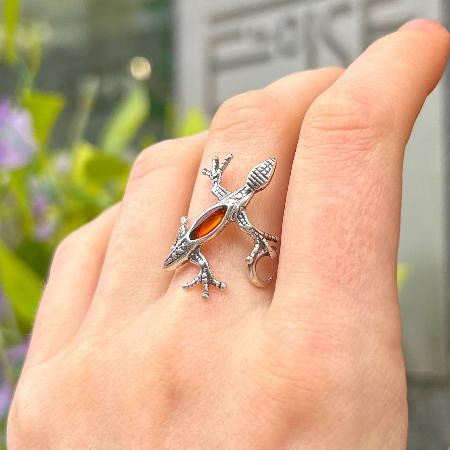 Orange Amber Lizard Design Sterling Silver Ring - Size Q ½