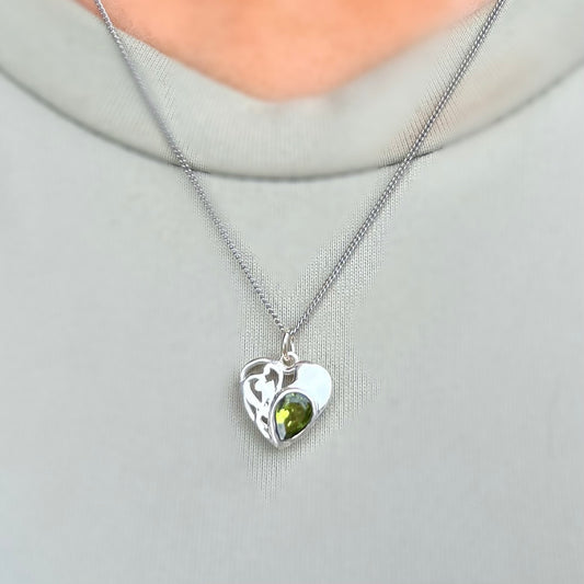 Dainty Sterling Silver Heart Green Peridot Necklace