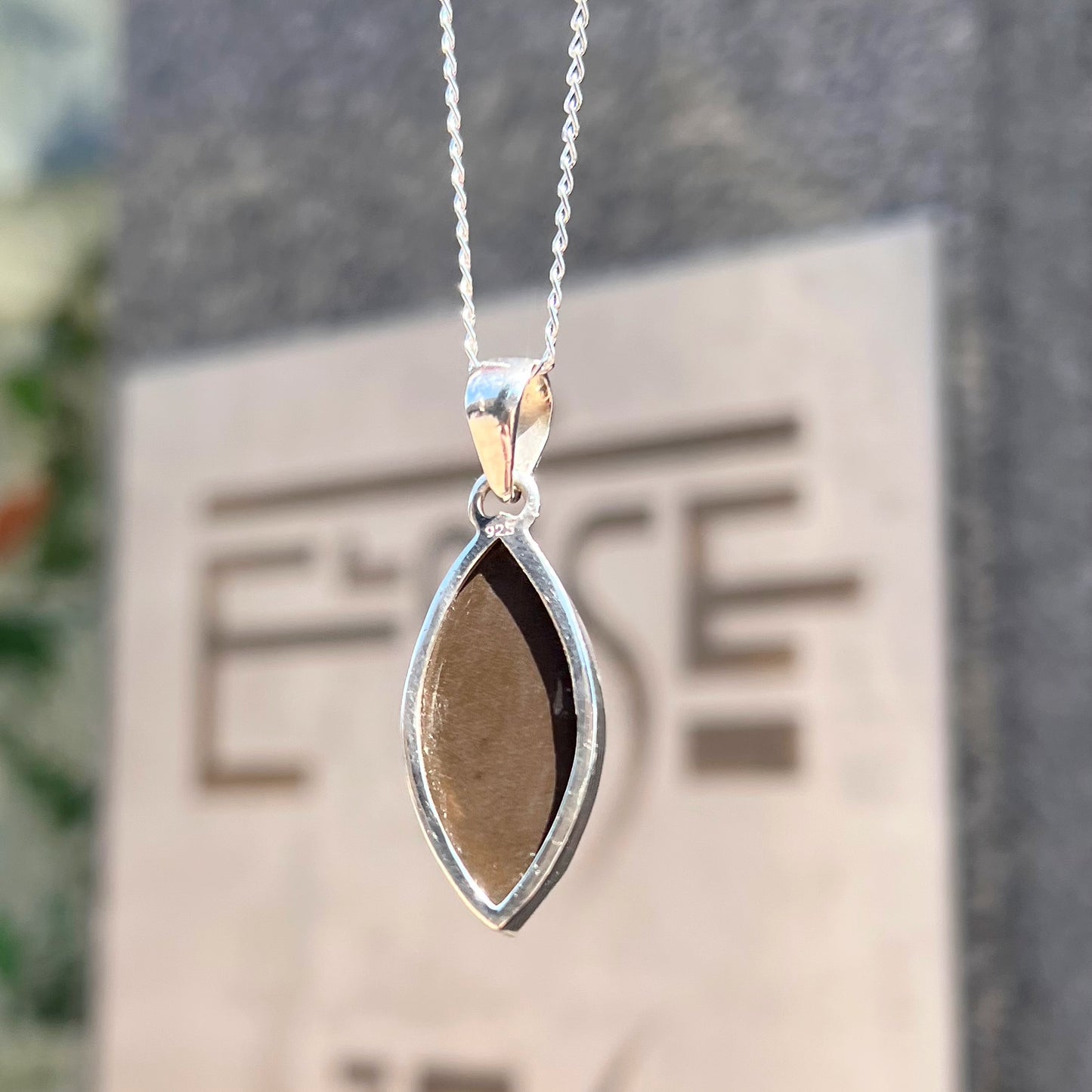 RARE Sterling Silver Fossilied Ammolite Marquise-Shaped Necklace