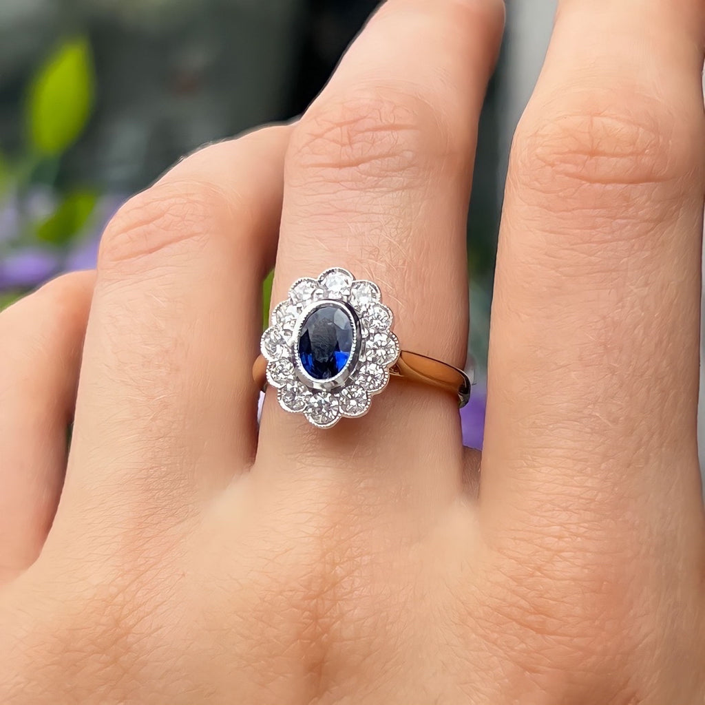 Ceylon Sapphire and Diamond 18ct Yellow Gold Cluster Ring | Size M ½