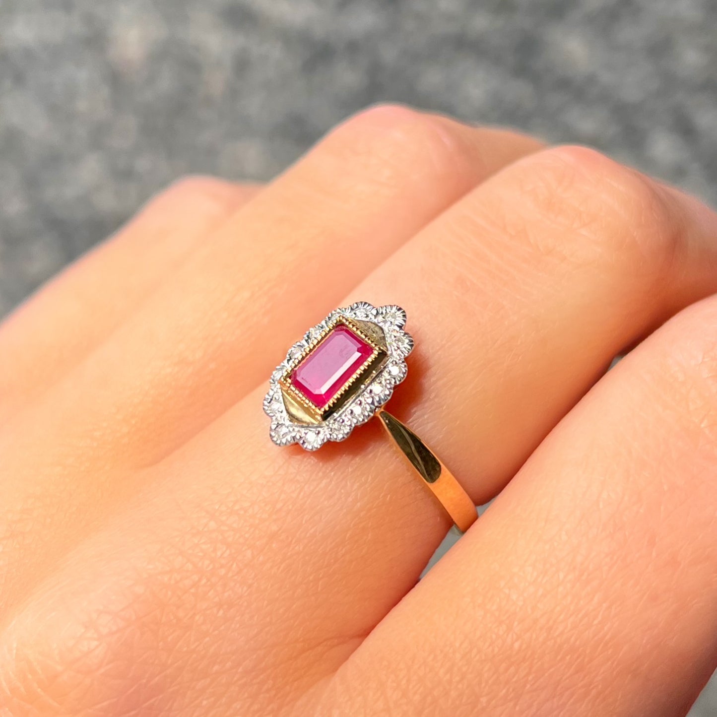 Edwardian Inspired 9ct Yellow Gold Red Ruby and Diamond Ring - Size N 1/2