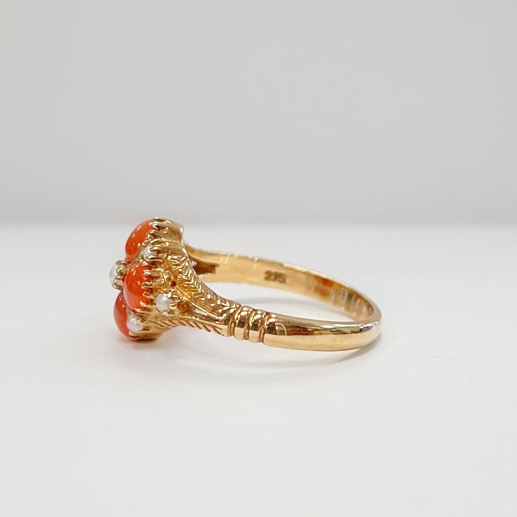 Victorian Inspired Coral and Seed Pearl 9ct Yellow Gold Forget-me-not Ring | Size M ½